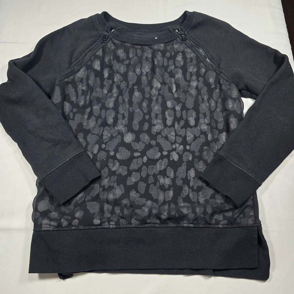 Black Leopard Print Sweatshirt Shoulder Zippers Medium Womens Rocker